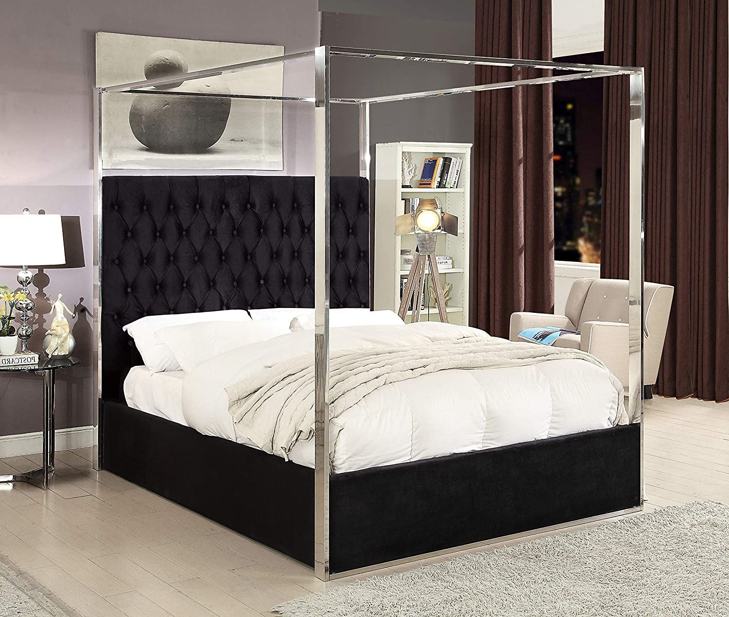 【Furniture】Contemporary Velvet Upholstered Bed with Deep Detailed Tufting and Chrome Canopy, Grey, King