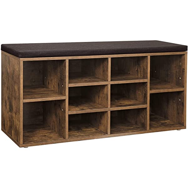 VASAGLE Cubbie Shoe Cabinet Storage Bench with Cushion, Adjustable Shelves, Holds up to 440lb, Rustic Brown ULHS10BX