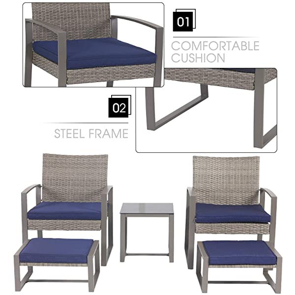 LOKATSE HOME 5-Piece Wicker Outdoor Conversation Set Patio Furniture PE Rattan All Weather Cushioned Chairs Balcony Porch with Ottoman and Glass Coffee Side Table, Blue