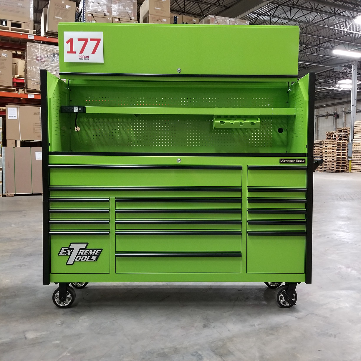 used toolboxScratch & Dent, Extreme Tools DX Series 72 x 21 Triple Bank Roller & Hutch Combo in Green-Black C Showroom Demo