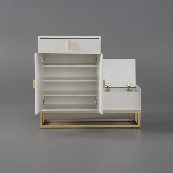 White Shoe Storage Bench 4 Shelves PU Leather Upholstered Shoe with Drawers & Flip Top