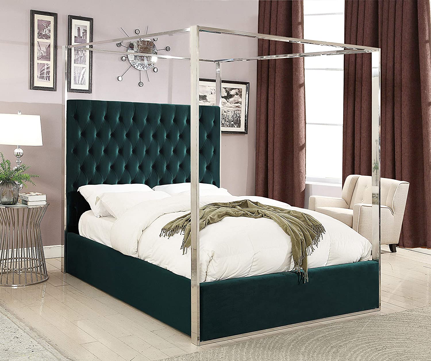 【Furniture】Contemporary Velvet Upholstered Bed with Deep Detailed Tufting and Chrome Canopy, Grey, King
