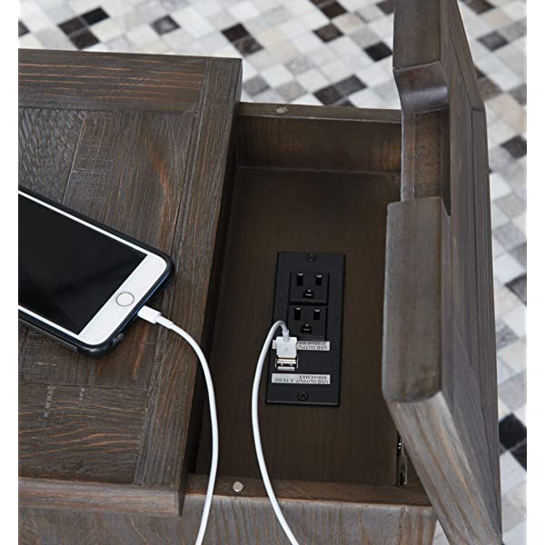 Signature Design by Ashley Tyler Creek Rustic Chair Side End Table with Pull-Out Tray & USB Ports, Brown Blackish Brown Table