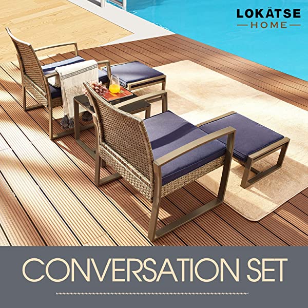 LOKATSE HOME 5-Piece Wicker Outdoor Conversation Set Patio Furniture PE Rattan All Weather Cushioned Chairs Balcony Porch with Ottoman and Glass Coffee Side Table, Blue