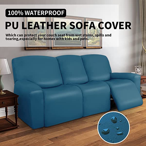 Easy-Going PU Leather Recliner Sofa Slipcovers, Waterproof Stretch Sofa Covers, 8 Pieces Stretch Furniture Protector, Elastic Strap Shield Pets Kids Children Cats Dogs Beige