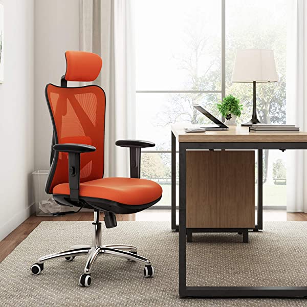 SIHOO Ergonomic Office Chair, Computer Desk Chair with Adjustable Lumbar Support, Comfortable Thick Cushion High Back Desk Chair with Adjustable Headrest and PU armrests(Orange)