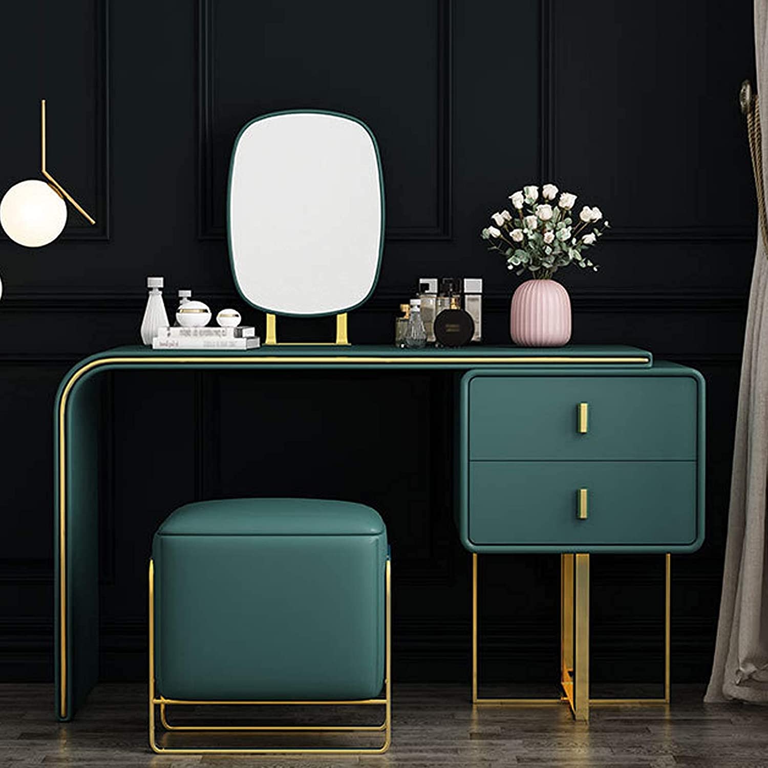 FUKAYI Modern Vanity Set with Lighted Mirror, Makeup Dressing Table with 2 Large Drawer and PU Stool, Dresser Table for Women
