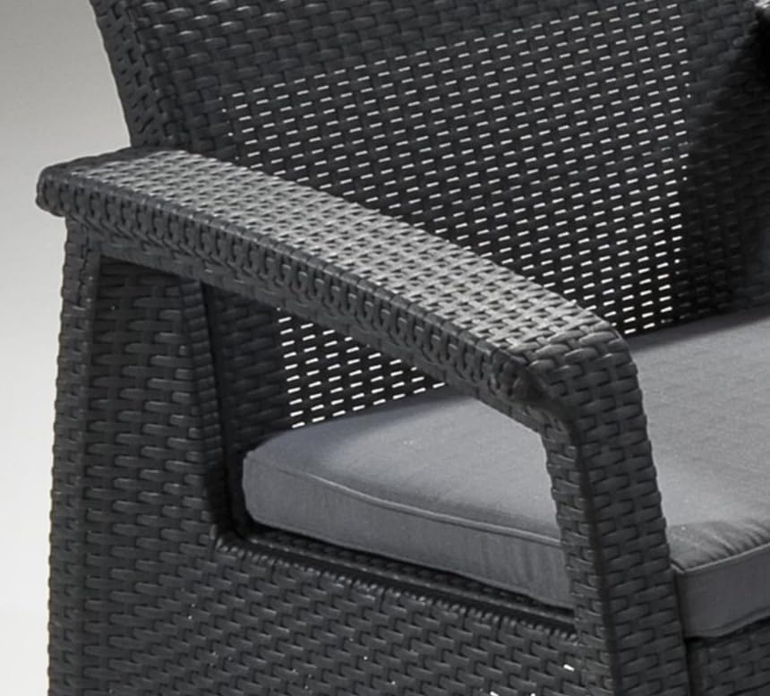 Keter GF06784 Corfu Outdoor 4 Seater Rattan Sofa Furniture Set with Accent Table - Graphite with Cream/Mushroom Cushions