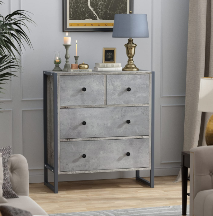 DiDuGo Wood 4 Drawer Dresser Grey Dresser with Metal Frame, Drawer Chest for Bedroom Chest of Drawers (25.2”L x 11.8”W x 29.5”H)