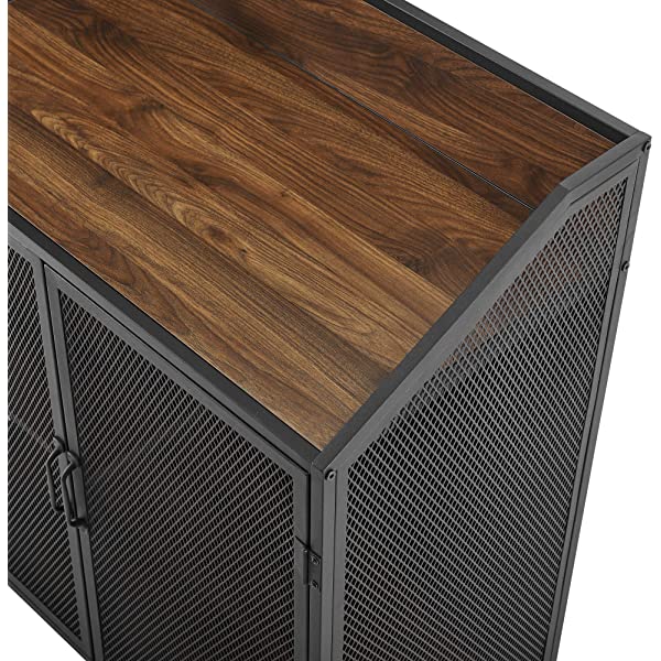 Walker Edison Malcomb Urban Industrial Metal Mesh Double Door Rolling Bar Cabinet, 33 Inch, Rustic Oak Rustic Oak 33 Inch