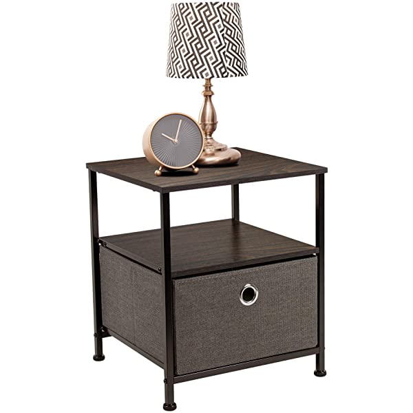 Sorbus Nightstand 1-Drawer Shelf Storage- Bedside Furniture & Accent End Table Chest for Home, Bedroom, Office, College Dorm, Steel Frame, Wood Top, Easy Pull Fabric Bins (Rustic Wood)