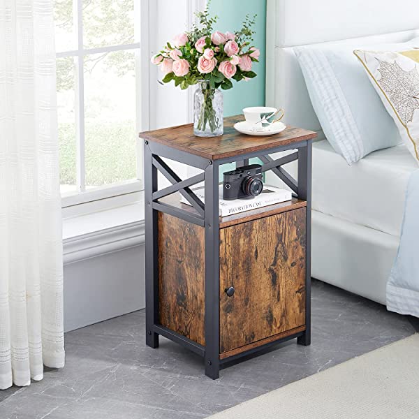 VECELO Modern Versatile Nightstands X-Design Side End Table Night Stand Storage Shelf with Bin Drawer for Living Room Bedroom, Brown+Black Brown+black Modern