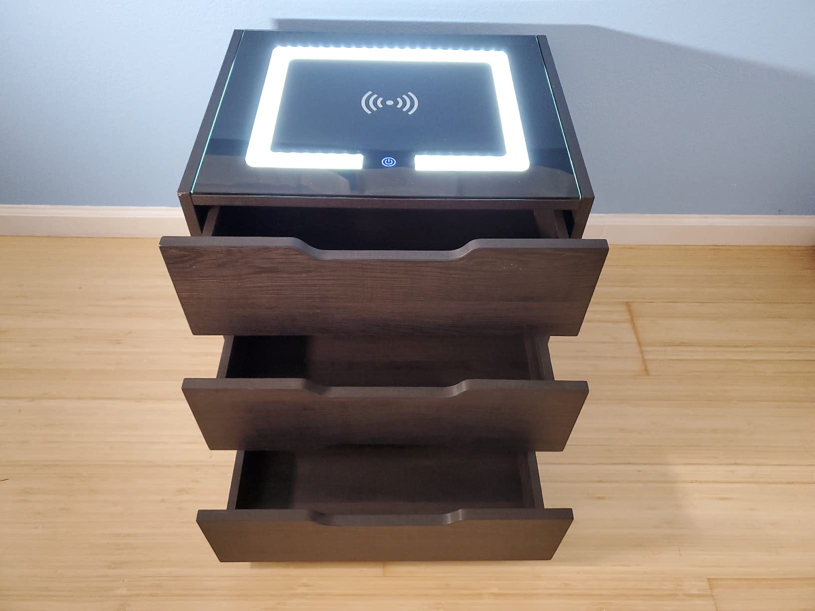 【Furniture】Nightstands Wireless Charging Station and LED Lights, Modern End Side Table with 3 Drawer