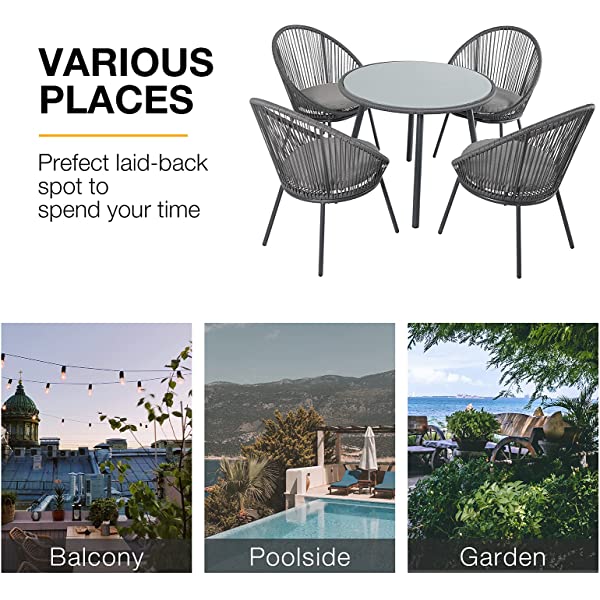 OC Orange-Casual 5 Pieces Patio Conversation Set, Outdoor Furniture Set, All-Weather Wicker Chairs with Round Glass Top Table and 4 Chairs, for Garden,Backyard, Indoor Outdoor Use, Yellow