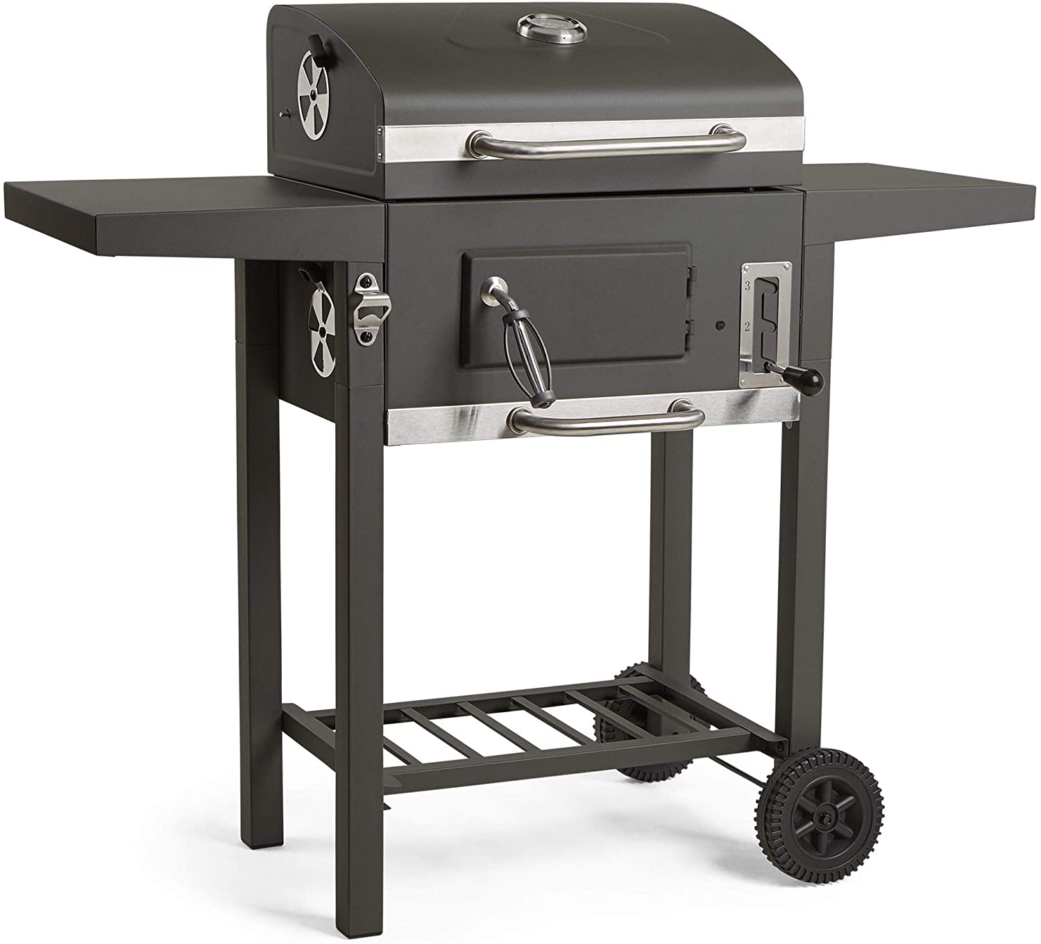 VonHaus Compact Charcoal BBQ – Barbecue with Warming Rack, Adjustable Height & Temperature Gauge – Portable, Bottle Opener Feature, Ash Catcher & Additional Storage Shelf