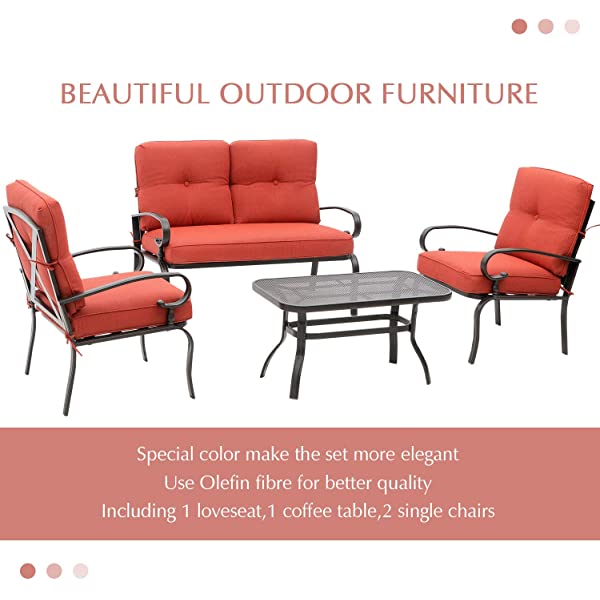 Oakmont Outdoor Furniture Patio Conversation Set Loveseat, 2 Chairs, Coffee Table with Cushion, Lawn Front Porch Garden, Metal Chair Set Wrought Iron Look (Red)