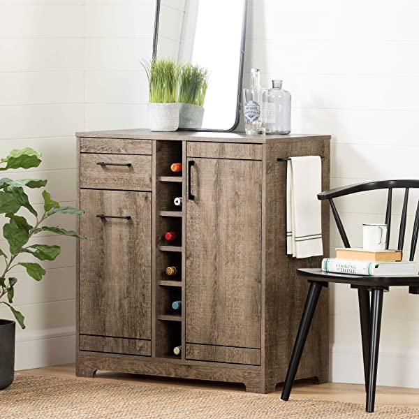 South Shore Bar Cabinet with Bottle and Glass Storage, Black Oak Black Oak Bar Cabinet