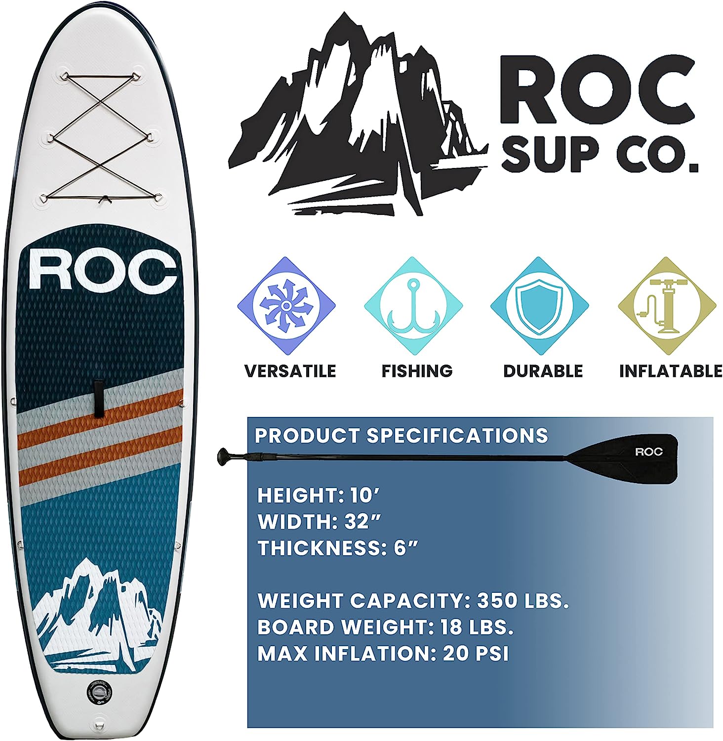 Roc Inflatable Stand Up Paddle Boards with Premium SUP Paddle Board Accessories, Wide Stable Design, Non-Slip Comfort Deck for Youth & Adults