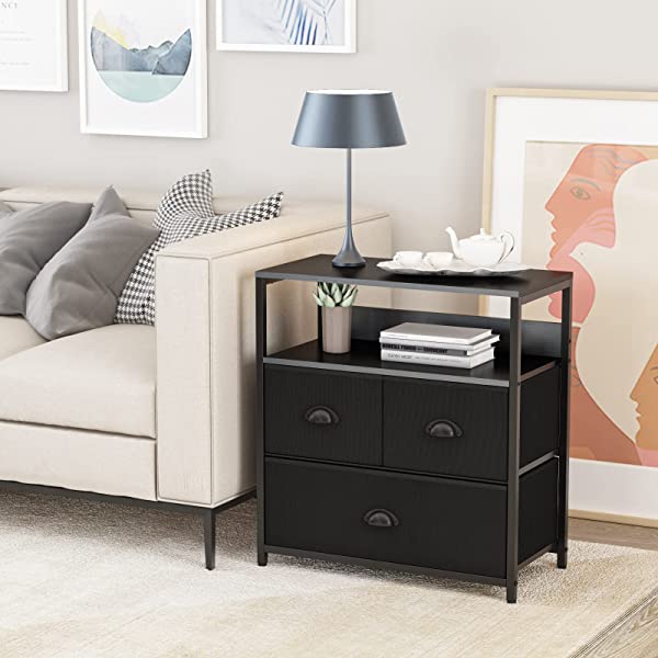 Furologee Nightstand with 3 Drawers, Dresser with Storage Shelf, Bedside Table/Closet Organizer, Rustic Fabric Linen Bins & Wooden Top for Bedroom, Hallway, Hotel (Rustic Brown)