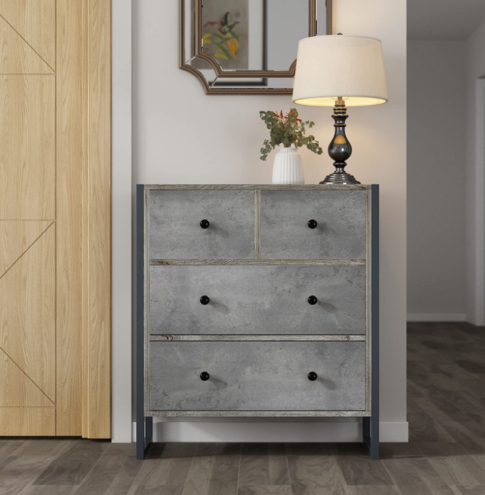 DiDuGo Wood 4 Drawer Dresser Grey Dresser with Metal Frame, Drawer Chest for Bedroom Chest of Drawers (25.2”L x 11.8”W x 29.5”H)