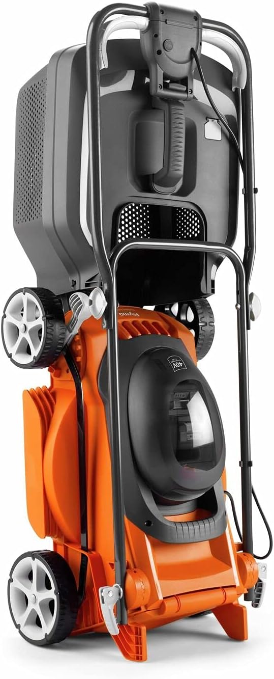 Flymo EasiStore 340R Li Cordless Rotary Lawn Mower - 40 V Battery (20 V x 2 Including Charger), 34 cm Cutting Width, 35 Litre Grass Box, Close Edge Cutting, Rear Roller, Space Saving Storage Features