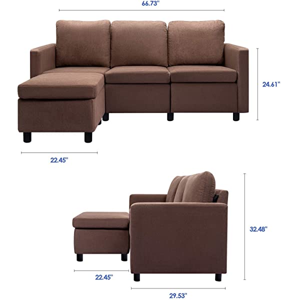 Flamaker Convertible Sectional Sofa L-Shaped Couch 3-seat Modern Fabric Reversible Sofa Couch for Living Room (Brown)