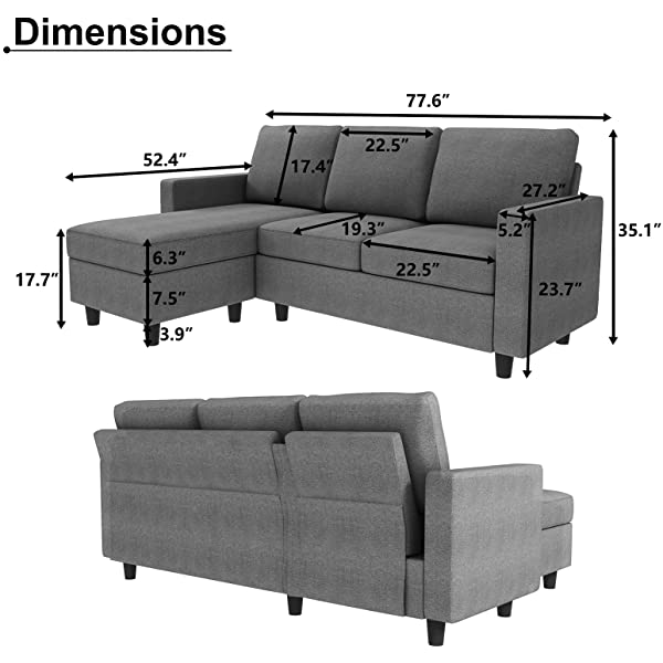 HONBAY Reversible Sectional Sofa Couch Convertible Couch Sofa Sectional L Shape Couch for Small Apartment Grey