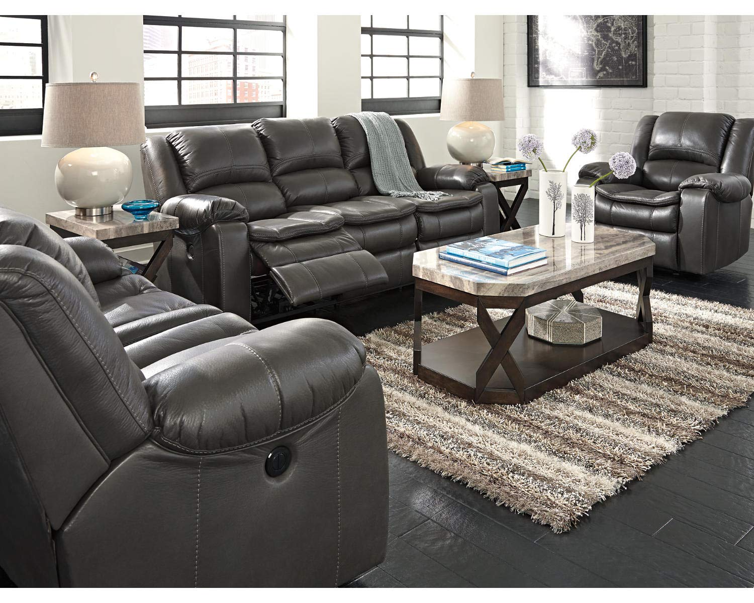 【Furniture】Faux Marble 3-Piece Table Set, Includes Coffee Table & 2 End Tables, Gray & Brown