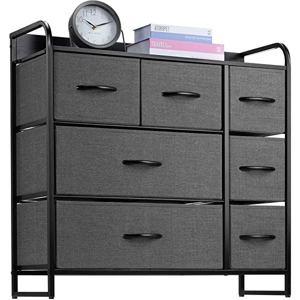 7 Drawer Dresser Organizer Fabric Storage Chest for Bedroom, Hallway, Entryway, Closets, Nurseries. Furniture Storage Tower Sturdy Steel Frame, Wood Top, Easy Pull Handle Textured Print Drawers