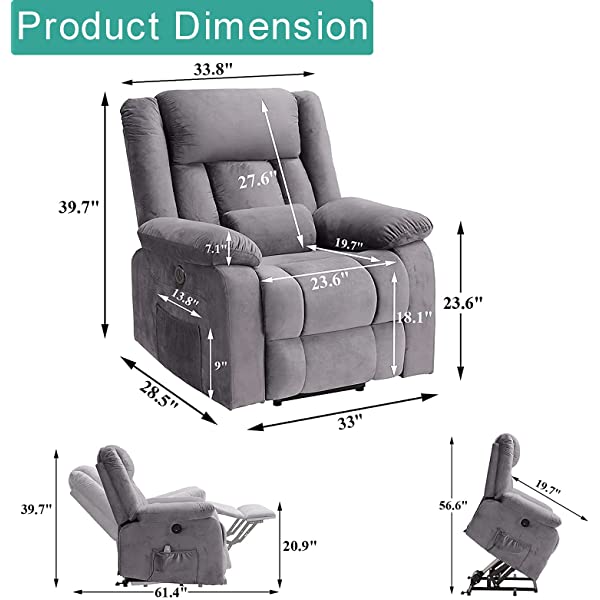 BINGTOO Power Lift Recliner Chair with Massage and Heat, Electric Fabric Vibration Massage Sofa for Elderly/Adult for Living Room, Lounge Sofa with Remote Control & USB, Velvet Blue