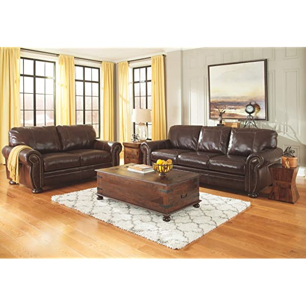 Signature Design by Ashley - Banner Traditional Style Faux Leather Loveseat w/ Nailhead Trim, Coffee Brown