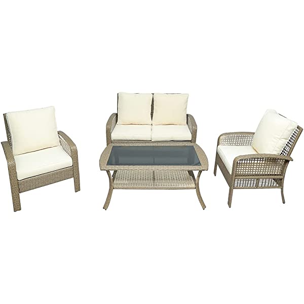 4 Pieces Outdoor Patio Furniture Set Wicker Rattan Cushioned Sectional Sofa Sets with Armchairs and Tempered Glass Table with Storage Shelf (Gray) Grey