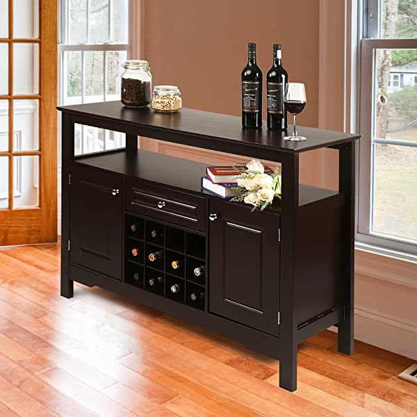 Apepro Sideboard Wine Cabinet Buffet Kitchen Buffet Bar Cabinet with Drawers and 12-Bottle Wine Rack, Dining Buffet Table Storage Buffet Cabinet for Living Room and Home