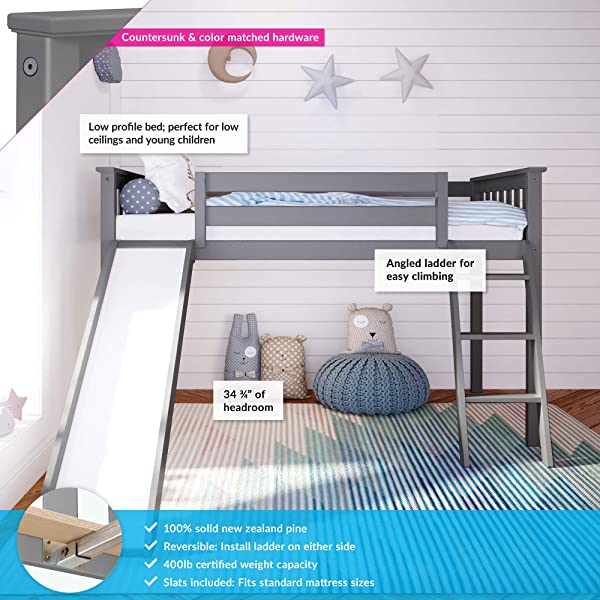 Max & Lily Twin Low Loft Bed with Staircase, White White Low Loft + Staircase Bed