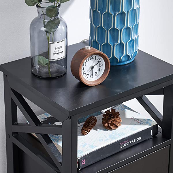 VECELO Modern Versatile Nightstands X-Design Side End Table Night Stand Storage Shelf with Bin Drawer for Living Room Bedroom, Brown+Black Brown+black Modern
