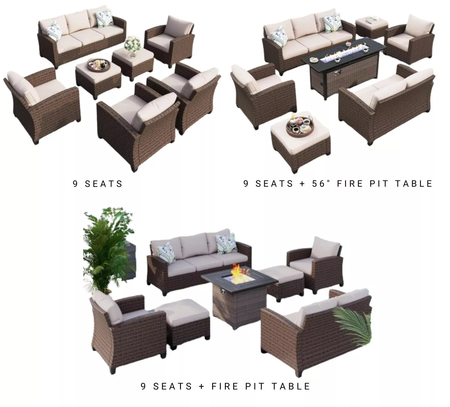 Seven Pieces Rattan Patio Furniture Set, Nine Seats Outdoor Wicker Sectional Con