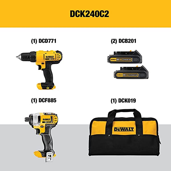 DEWALT 20V Max Cordless Drill Combo Kit, 2-Tool (DCK240C2),Yellow/Black Drill Driver/Impact Combo Kit 20V Combo Kit