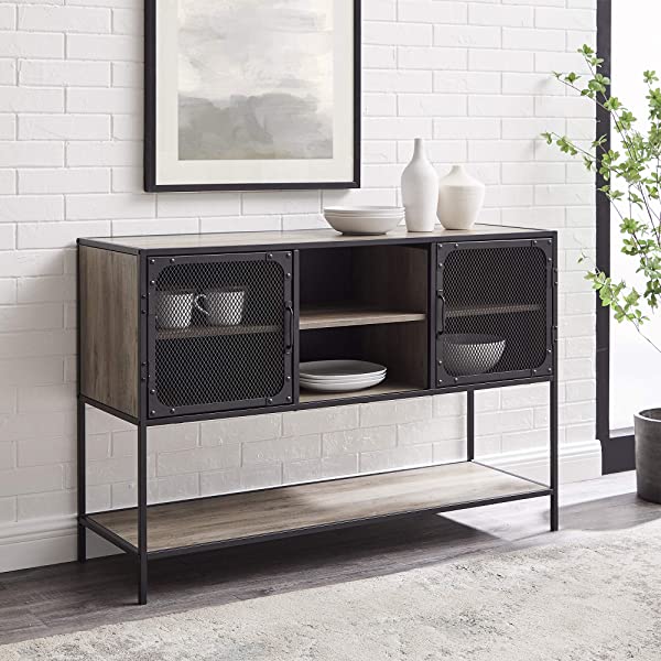 Walker Edison Malcomb Urban Industrial Metal Mesh Double Door Rolling Bar Cabinet, 33 Inch, Rustic Oak Rustic Oak 33 Inch