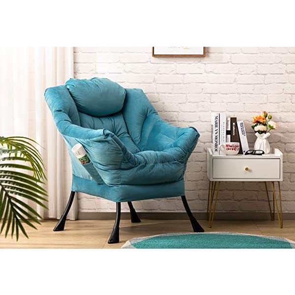 AbocoFur Modern Large Cotton Fabric Lazy Chair，Accent Contemporary Lounge Chair, Single Steel Frame Leisure Sofa Chair with Armrests and A Side Pocket, Beige