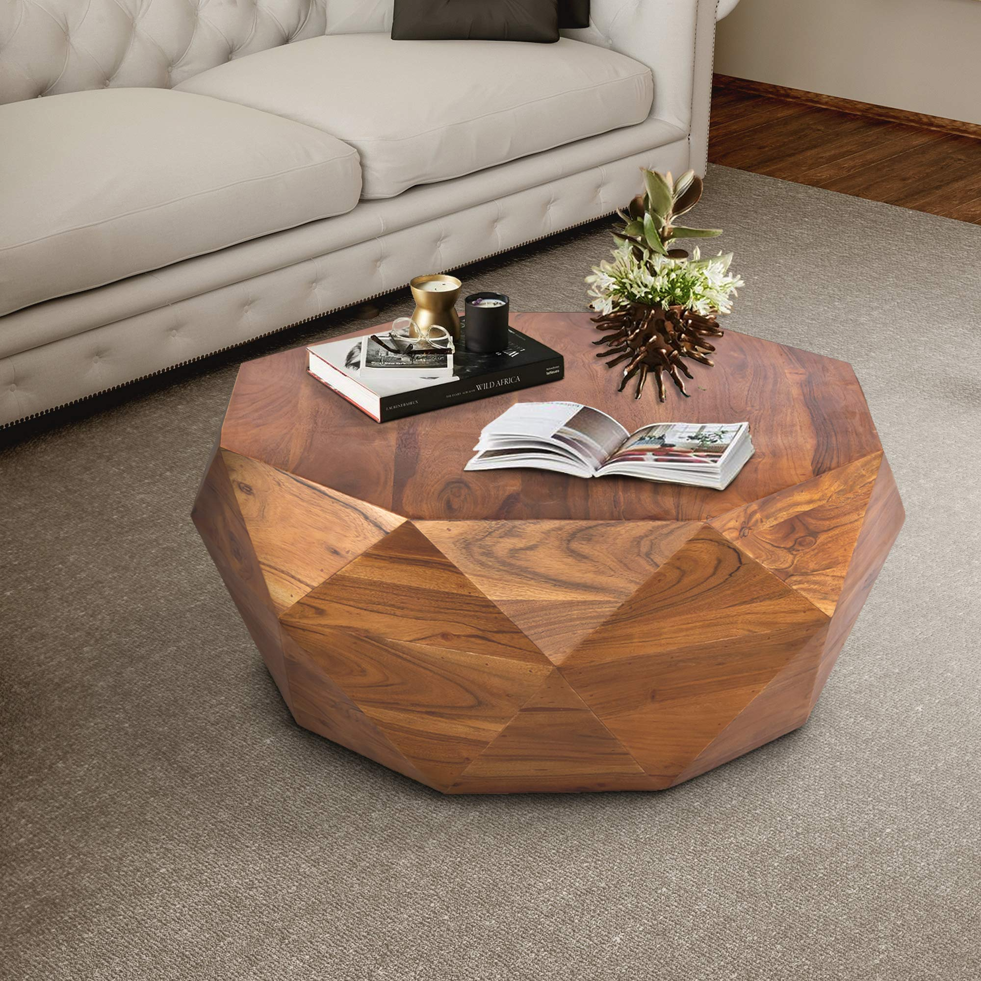 【Furniture】Diamond Shape Acacia Wood Coffee Table with Smooth Top, Dark Brown