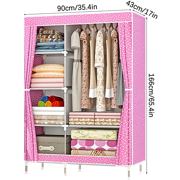 QUMENEY Wardrobe Storage Closet, Portable Clothes Standing Shelves Organizer, Extra Strong and Durable Non-Woven Fabric Rack with Hanging Rods, Quick and Easy to Assemble (Pink Dots)