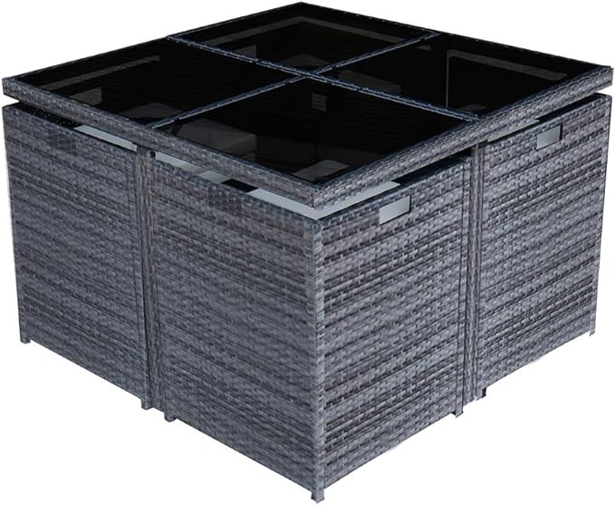 Panana 8 Seater Rattan Garden Furniture Set Dining Table and Chairs Stools Set Outdoor Patio and Conservatory Mixed Grey with Beige Cushion