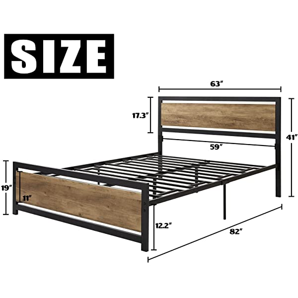 Amerlife Queen Size Bed Frame with Wood Headboard - Metal Platform Bed with Industrial Footboard - Heavy Duty Steel Mattress Foundation/ 4 U-Shaped Support Frames/Rustic Country Style/Easy Assembly Queen Dark Brown