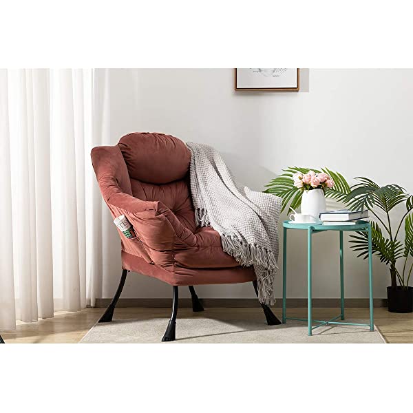 AbocoFur Modern Large Cotton Fabric Lazy Chair，Accent Contemporary Lounge Chair, Single Steel Frame Leisure Sofa Chair with Armrests and A Side Pocket, Beige