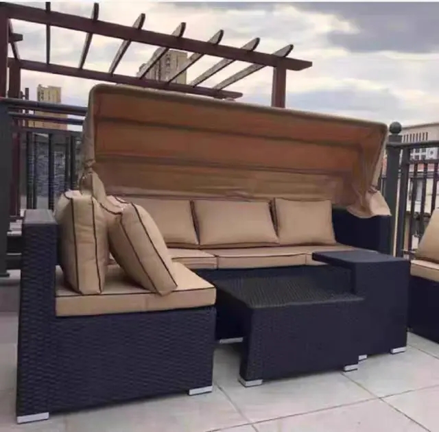 【Home&Garden】Outdoor rattan sofa courtyard open-air canopy shade waterproof bed coffee table rattan furnitur