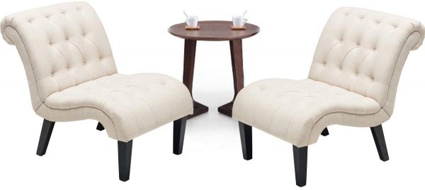 Yongqiang Set of 2 Accent Chair for Living Room Bedroom Upholstered Tufted Curved Backrest Casual Fabric Chairs with Wood Legs Cream