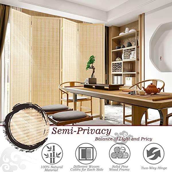 oneinmil Bamboo Room Divider, Semi-Private Folding Portable Partition Screen with Two-Way Hinge, Handmade Bamboo and Wood, 6 Panel