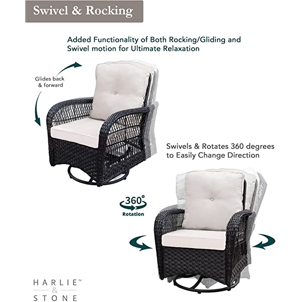 Harlie & Stone Outdoor Swivel Rocker Patio Chairs Set of 2 and Matching Side Table - 3 Piece Wicker Patio Bistro Set with Premium Fabric Cushions