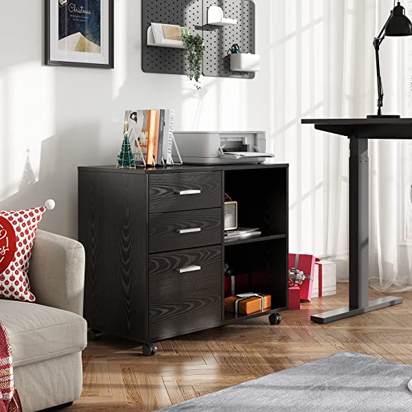 DEVAISE 3-Drawer Wood File Cabinet with Lock, Mobile Lateral Filing Cabinet, Printer Stand with Open Storage Shelves for Home Office, Black