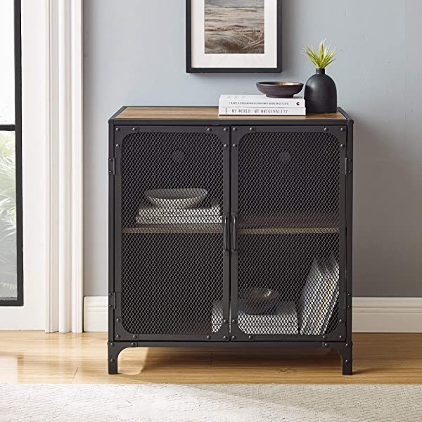 Walker Edison Malcomb Urban Industrial Metal Mesh Double Door Rolling Bar Cabinet, 33 Inch, Rustic Oak Rustic Oak 33 Inch